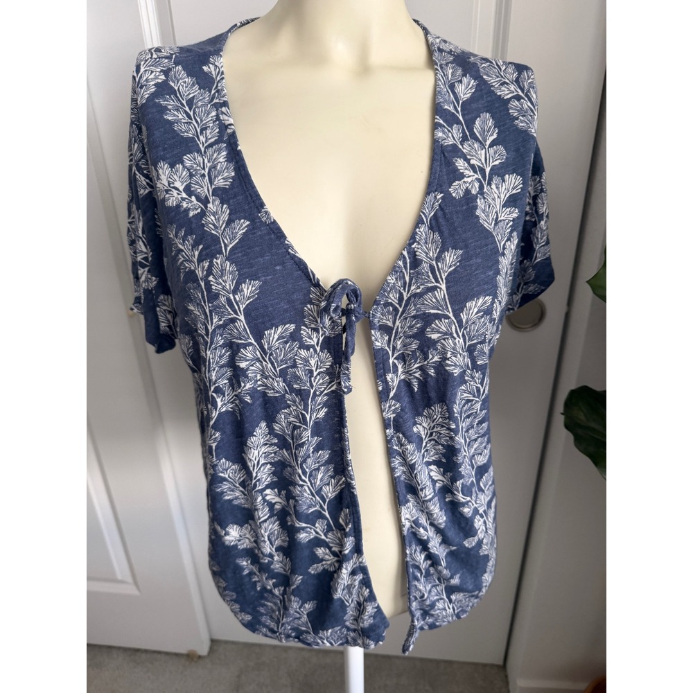 Laura Ashley Short Sleeve Tie Front Cardigan Top Blue Fern Floral S Cottagecore